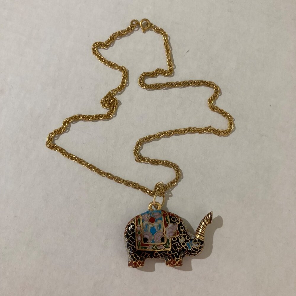Cloisonné Elephant Pendant Necklace With Gold Tone Chain